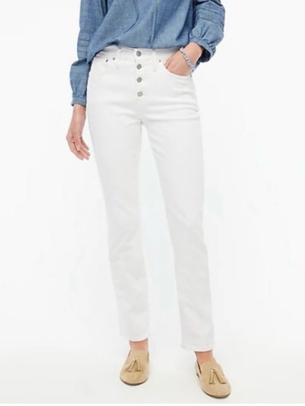 J. Crew White High-Rise Straight-Leg Jeans with Button Fly